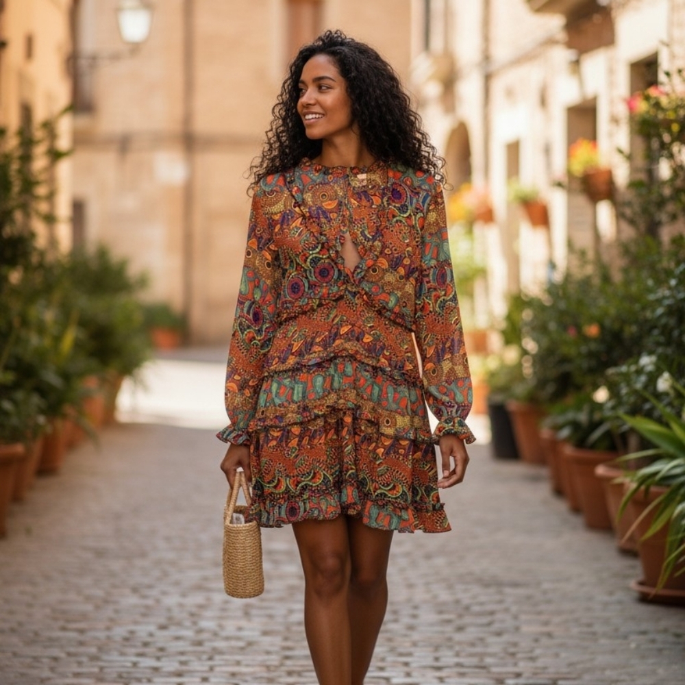 it's Multicolored Tiered Short Dress Long Sleeves Ladies Large Exotic Backless
